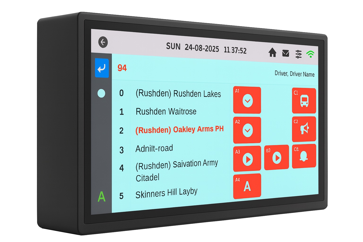 The Alpha AIR driver touch-console showing a route stop list and announcement control buttons.